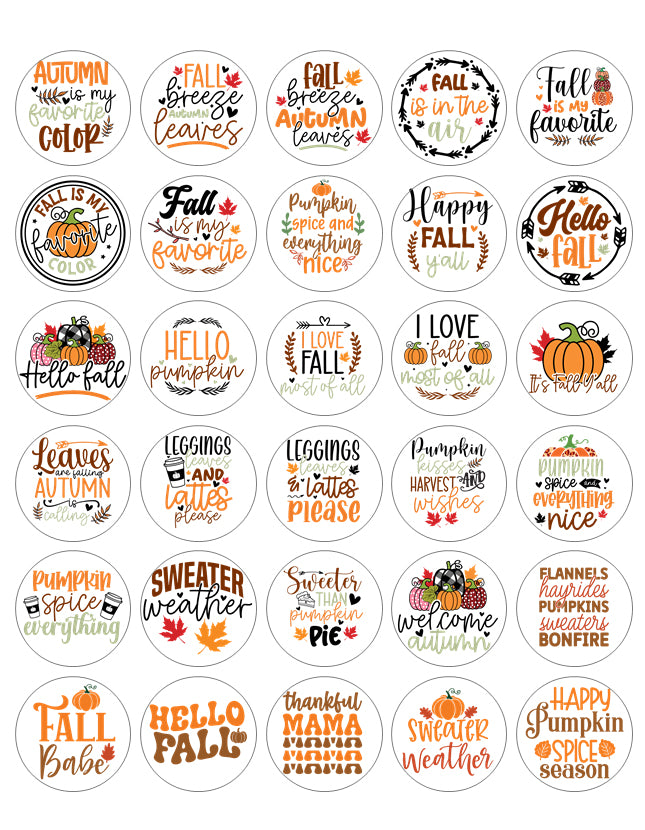 Collection of circular fall-themed stickers with various phrases and graphics.