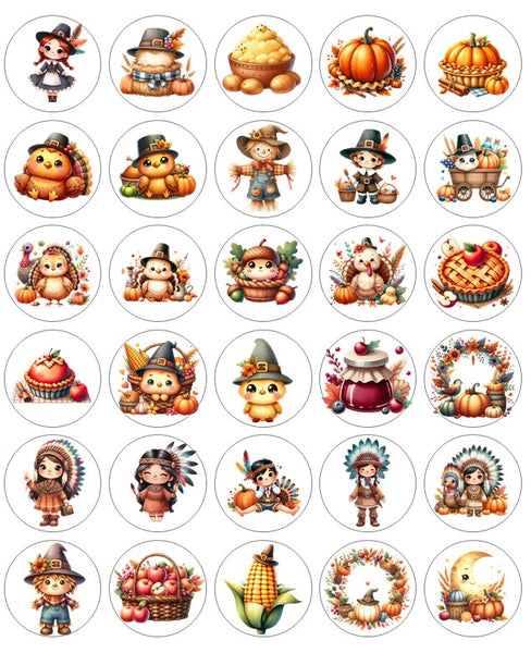 Collection of Thanksgiving-themed stickers featuring pumpkins, corn, and Native American characters on a white background.