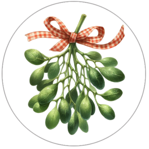 Green mistletoe with a red and white checkered bow on a white background