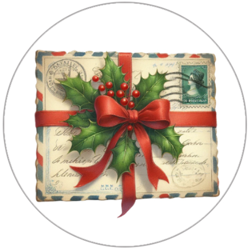 Decorative Christmas gift with holly leaves, red berries, and a red bow on a vintage letter background.