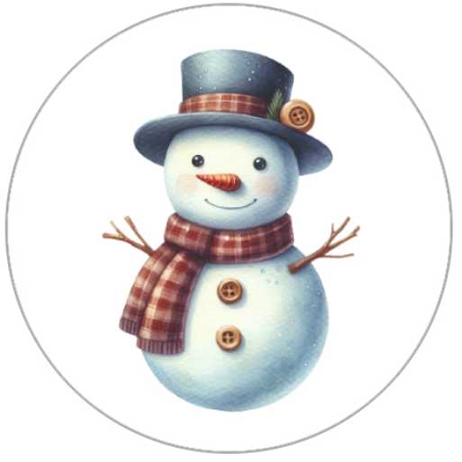 Cartoon snowman with a top hat, scarf, and buttons on a white background