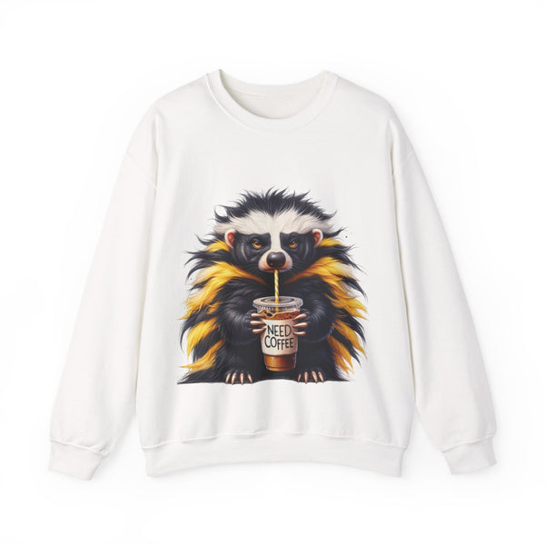 White sweatshirt with a raccoon holding a 'Need Coffee' cup design on a white background