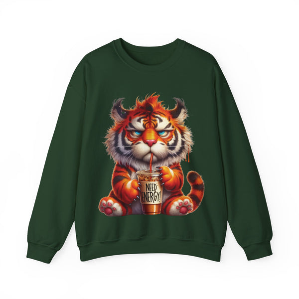Funny Coffee Tiger Sweatshirt “Need Energy” Unisex Cozy Fall Pullover Sweater