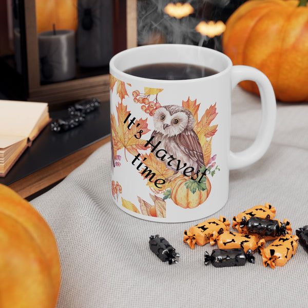 Harvest Time Owl Coffee Mug – Autumn Fall Leaves Ceramic Cup, Dishwasher Safe