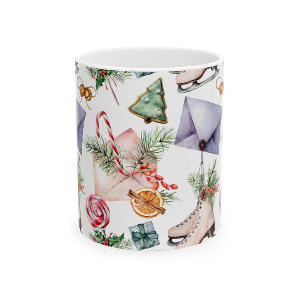 Christmas Gift Coffee Mug Holiday Ceramic Cup with Skates, Cookies & Candy Canes