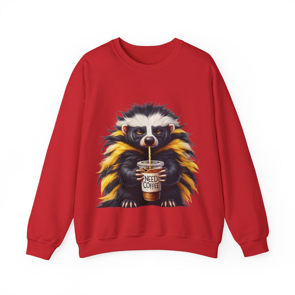 Red sweatshirt with a cartoon badger holding a 'Need Coffee' cup on a white background