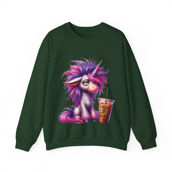 Green sweatshirt with a unicorn and coffee cup graphic on a white background