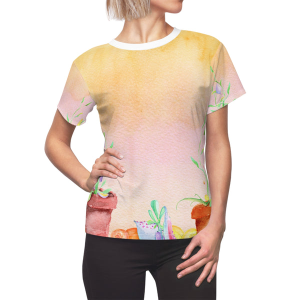 Watercolor Pink Yellow Potted Plants Women's Cut & Sew Tee (AOP)