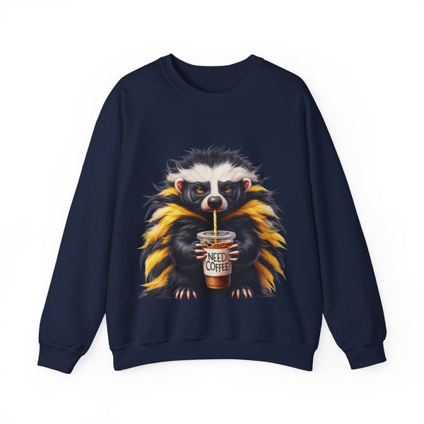 Navy blue sweatshirt with a raccoon holding a coffee cup design on a white background