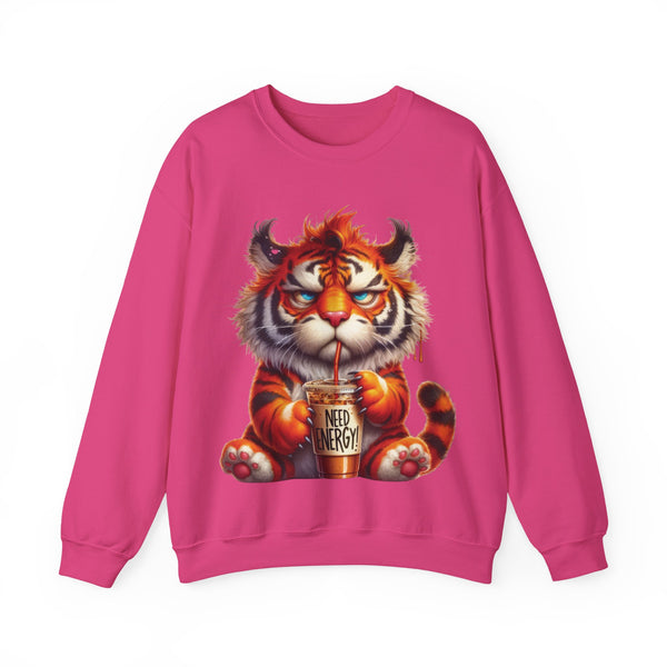 Funny Coffee Tiger Sweatshirt “Need Energy” Unisex Cozy Fall Pullover Sweater