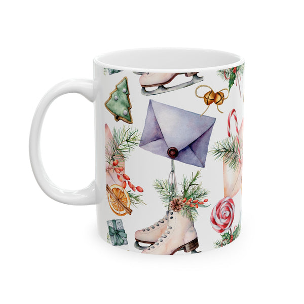 Christmas Gift Coffee Mug Holiday Ceramic Cup with Skates, Cookies & Candy Canes