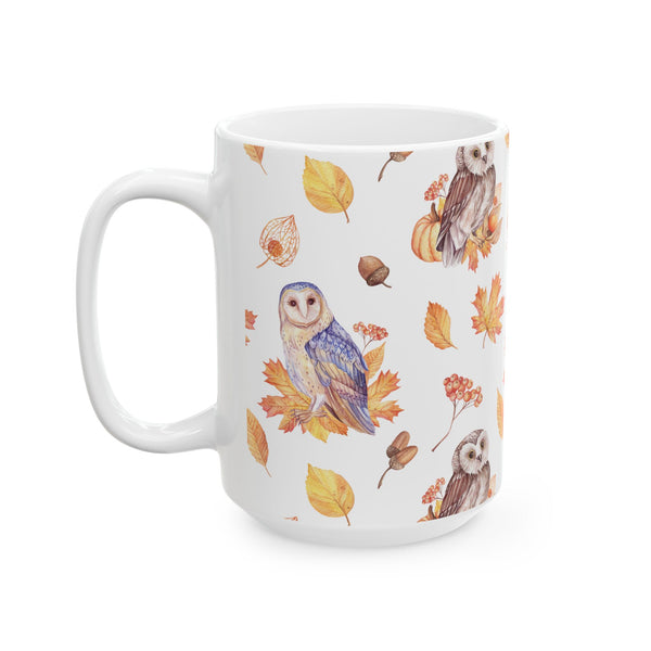 Autumn Owl Coffee Mug – Fall Leaves Ceramic Cup, Dishwasher & Microwave Safe