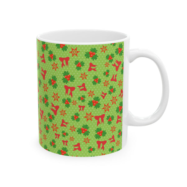 Christmas Green Floral Pattern Ceramic Coffee Mug – Holiday Gift Dishwasher Safe