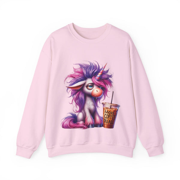 Pink sweatshirt with a cartoon unicorn and coffee cup design on a white background