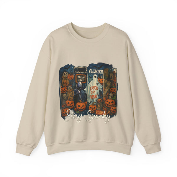 Beige sweatshirt with Halloween-themed graphic and text on a white background