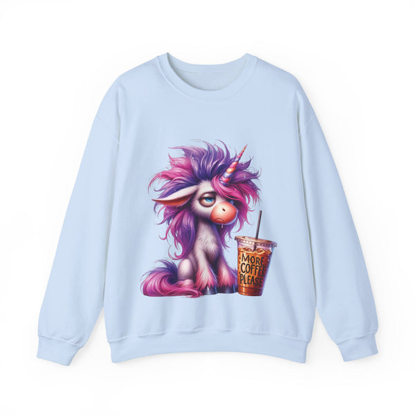 Light blue sweatshirt with a cartoon unicorn holding a coffee cup on a white background
