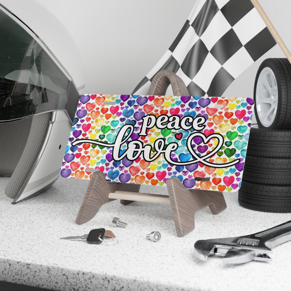 Colorful Peace Love Vanity Plate, Personalized Car Accessory, Rainbow Hearts