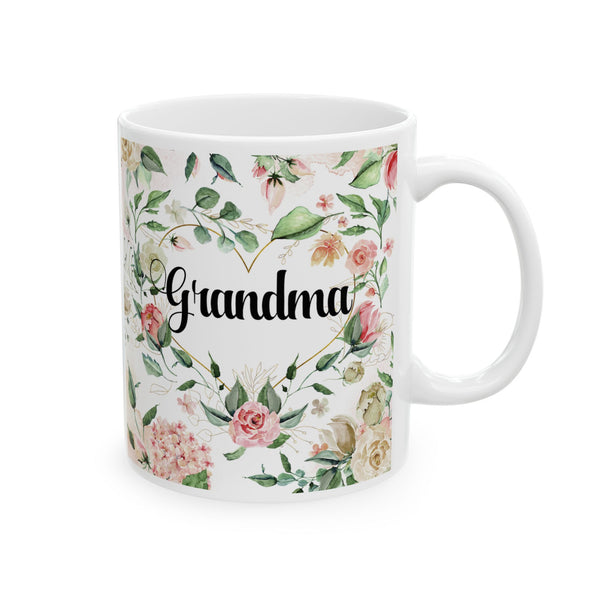 Mug with floral design and 'Grandma' text on a white background