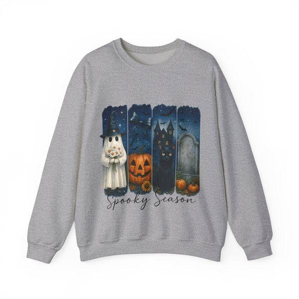 Gray sweatshirt with Halloween-themed design on a white background