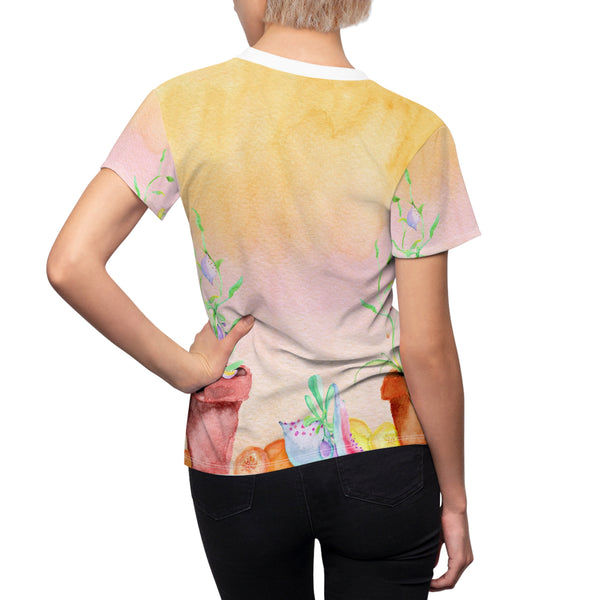 Watercolor Pink Yellow Potted Plants Women's Cut & Sew Tee (AOP)