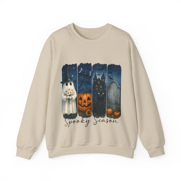 Beige sweatshirt with Halloween-themed design featuring a ghost, cat, pumpkin, and tombstone on a white background.