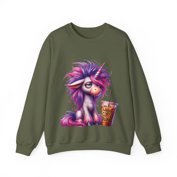 Green sweatshirt with a colorful unicorn and coffee cup graphic on a white background