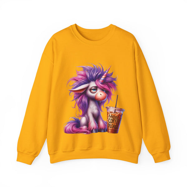 Yellow sweatshirt with a cartoon pony and coffee cup design on a white background