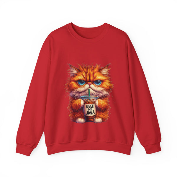 Red sweatshirt with a cat graphic holding a coffee cup on a white background