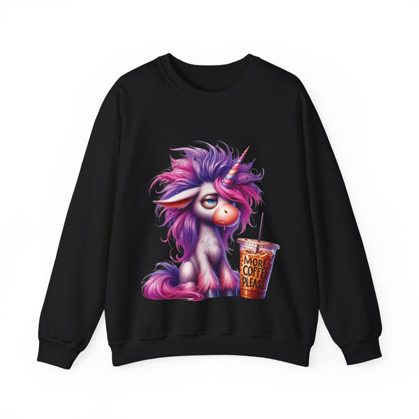 Black sweatshirt with a colorful unicorn and coffee cup graphic on a white background