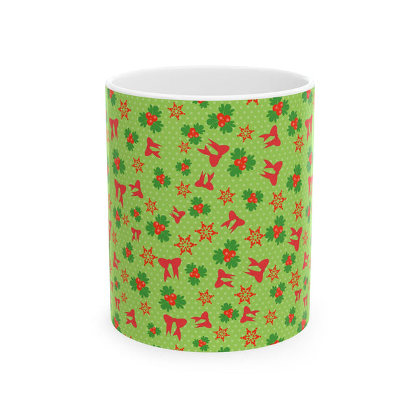 Christmas Green Floral Pattern Ceramic Coffee Mug – Holiday Gift Dishwasher Safe