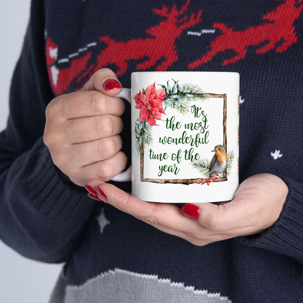 Christmas Coffee Mug – “Most Wonderful Time of the Year” Cup, 11oz/15oz Ceramic