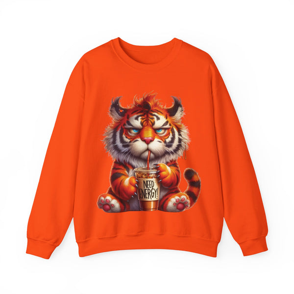 Funny Coffee Tiger Sweatshirt “Need Energy” Unisex Cozy Fall Pullover Sweater