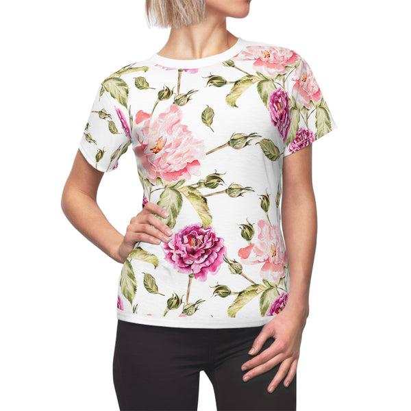 Pink Rose Women's Cut & Sew Tee (AOP) Shirt Lightweight Floral Pattern