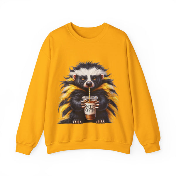 Yellow sweatshirt with a raccoon graphic holding a coffee cup on a white background