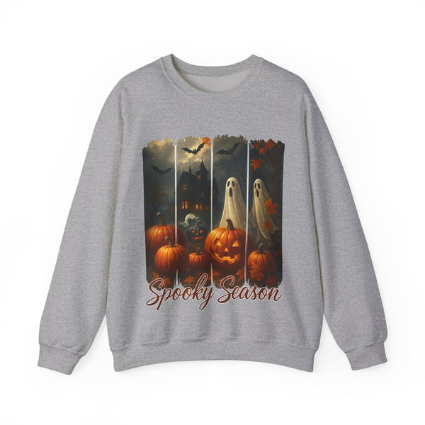 Gray sweatshirt with Halloween-themed design featuring pumpkins and ghosts on a white background.
