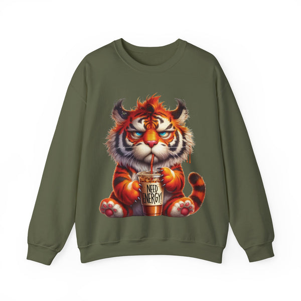 Funny Coffee Tiger Sweatshirt “Need Energy” Unisex Cozy Fall Pullover Sweater