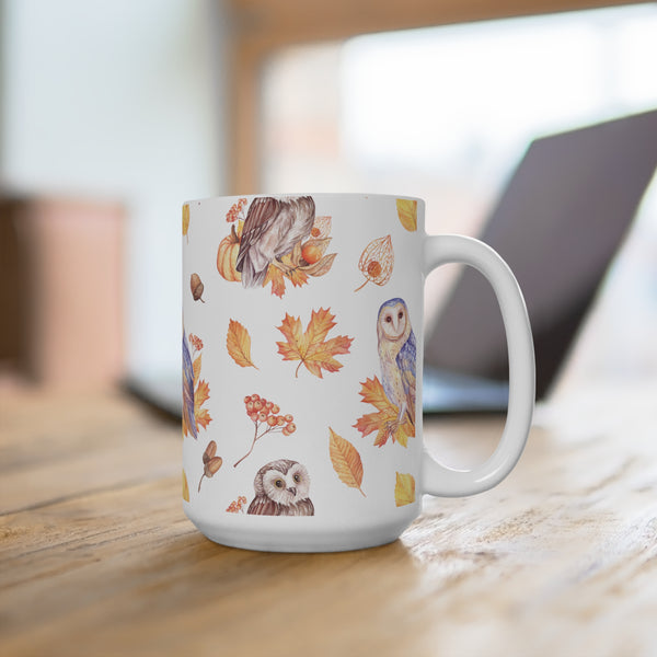 Autumn Owls Fall Leaves Coffee Mug 2-Sizes 11oz/15oz Dishwasher Microwave Safe