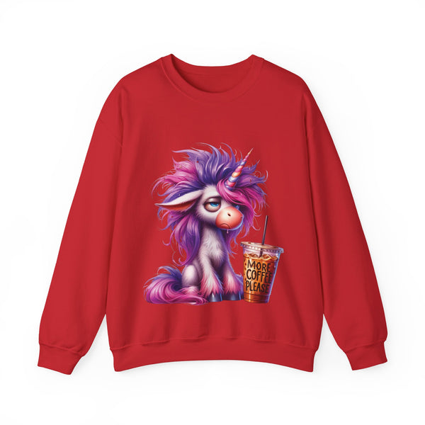 Red sweatshirt with a unicorn and coffee cup graphic on a white background