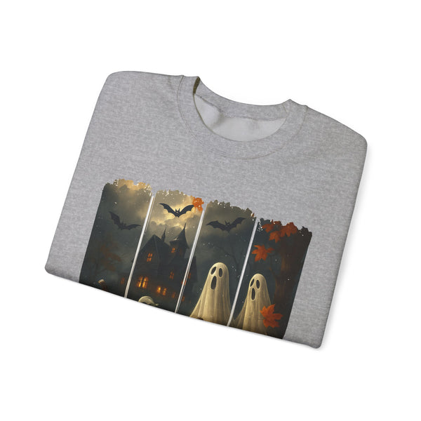 Folded gray sweatshirt with Halloween-themed design featuring ghosts, bats, and leaves on a white background.
