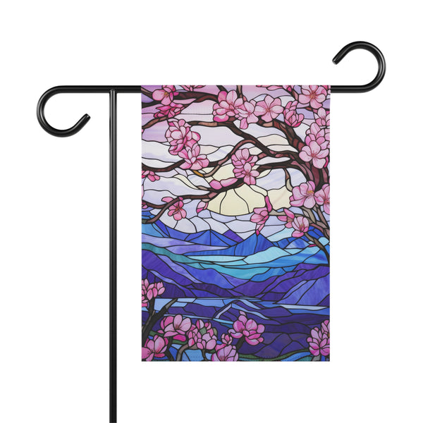 Garden flag with cherry blossom design on a white background