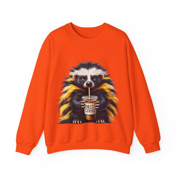 Orange sweatshirt with a raccoon graphic holding a 'Need Coffee' cup on a white background