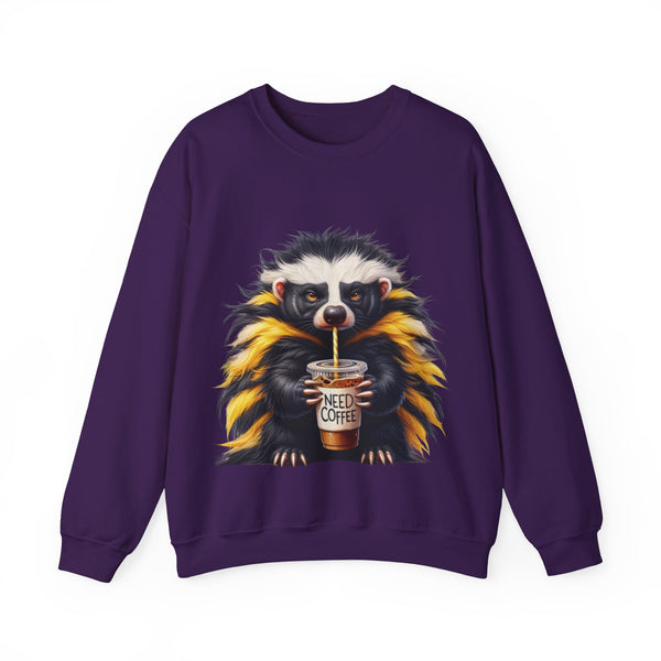 Purple sweatshirt with a raccoon holding a coffee cup design on a white background