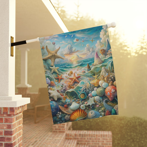 Decorative towel with ocean-themed design hanging on a railing.