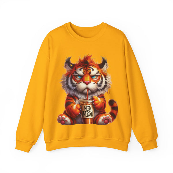 Funny Coffee Tiger Sweatshirt “Need Energy” Unisex Cozy Fall Pullover Sweater