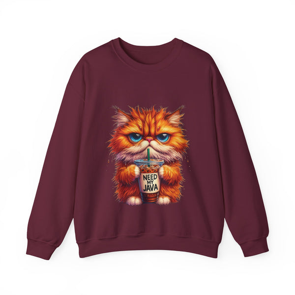 Maroon sweatshirt with a cartoon cat holding a coffee cup on a white background