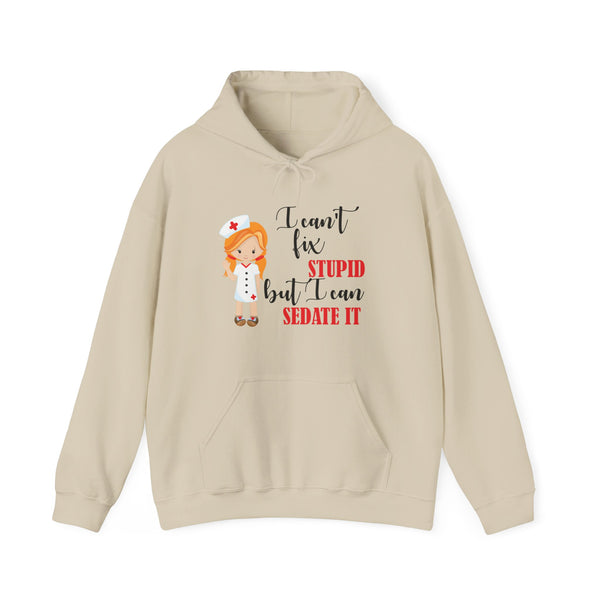 Redhead Nurse Hoodie Sweatshirt Can't Fix Stupid, Nurses Hooded Sweatshirt