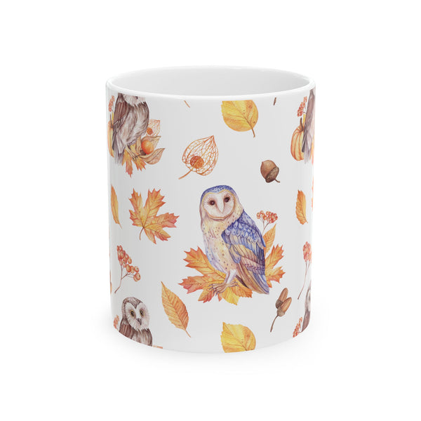Autumn Owl Coffee Mug – Fall Leaves Ceramic Cup, Dishwasher & Microwave Safe