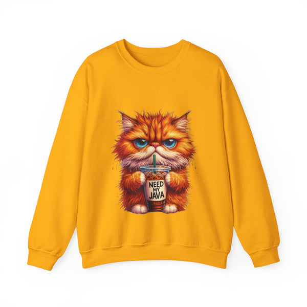 Yellow sweatshirt with a cat holding a coffee cup graphic on a white background