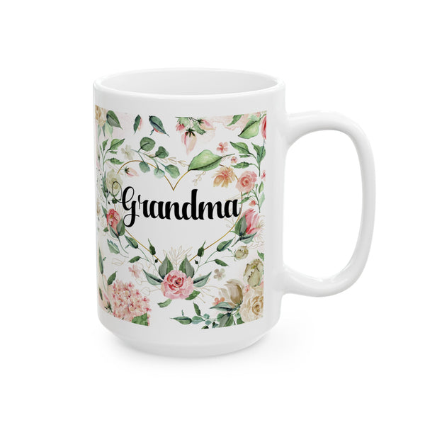 White mug with floral design and 'Grandma' text on a white background