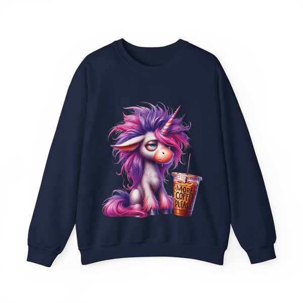 Navy blue sweatshirt with a unicorn and coffee cup graphic on a white background